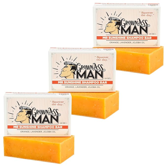 Grown Ass Man Co. - Solid Shampoo Bar Rich Lather 3 in 1: Hair, Beard & Body Wash - Plastic Free & Eco-Friendly, Natural & Organic Clean for All Hair Types, 4oz Bar (Mister Sunshine, 3-Pack)
