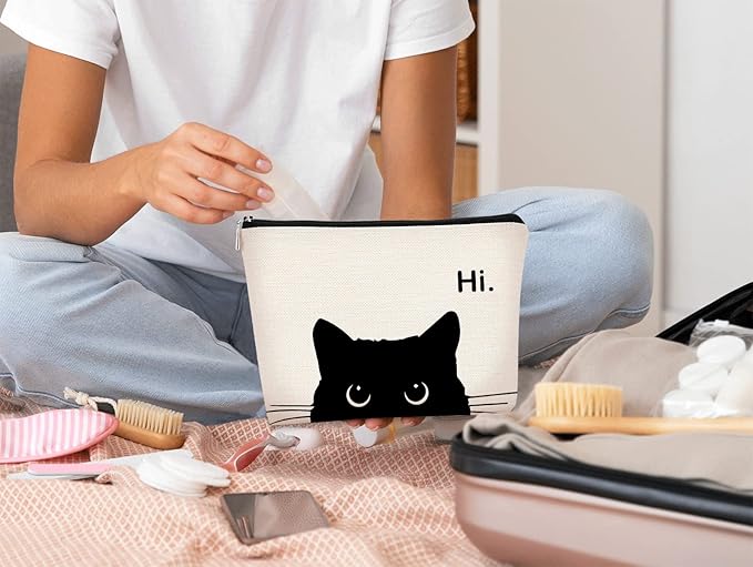 Cute Cat Makeup Bag, Kitty Cosmetic Zipper Travel Toiletry Bag, Black Cat Gifts for Women & Teen Girls