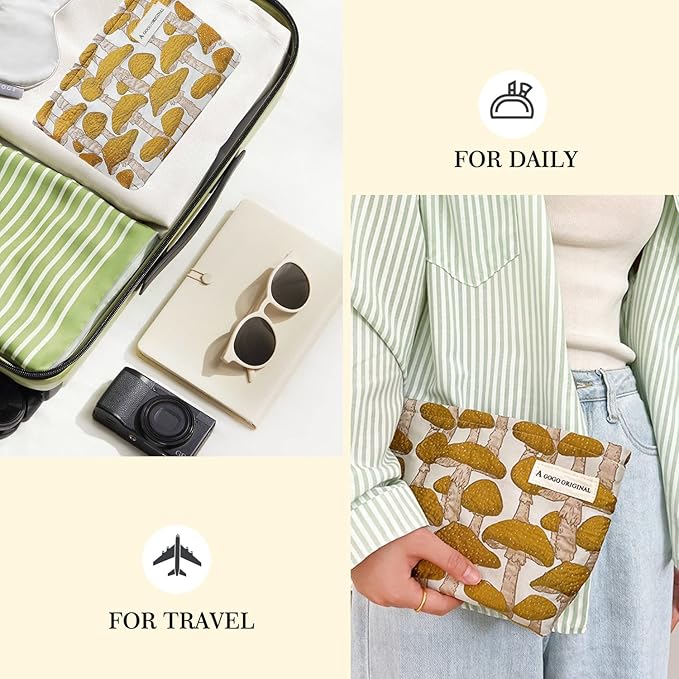 STARDW Cute Makeup Bag Aesthetic Cosmetic Bags for Women Girls, Travel Toiletry Bag Large Capacity Zipper Makeup Pouch, Purse Organizer Pouches,Canvas Lining (Yellow Mushroom)