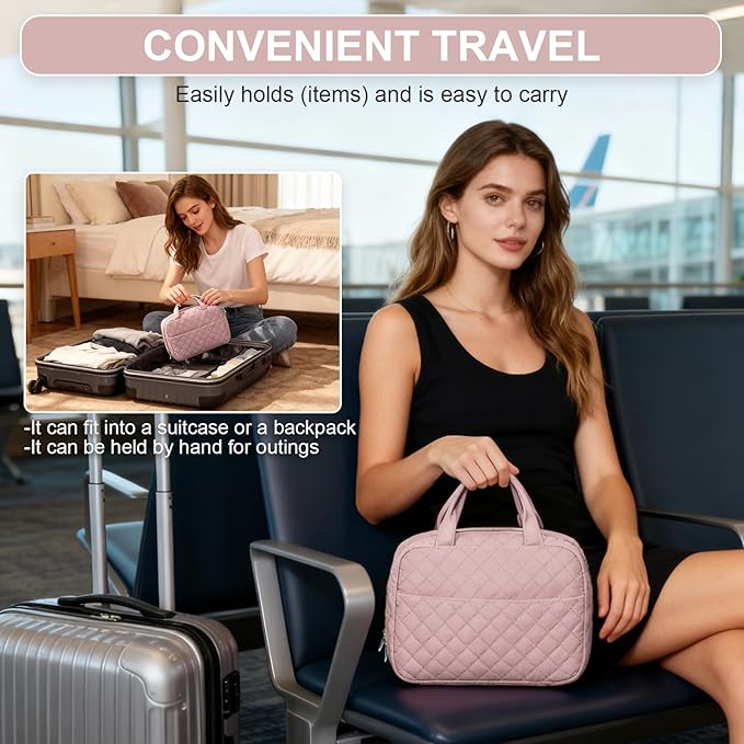 Travel Toiletry Bag For Women Small Hanging Toiletry Travel Makeup Bag lightweight Water-Resistant Toiletries Organizer case portable Cosmetic Bags For Women Pink