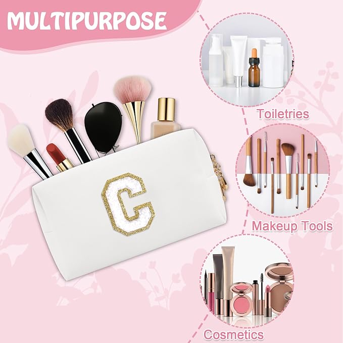 Personalized Initial Preppy Makeup Bag, Small Cute White Toiletry Pouch Monogram Cosmetic Travel Organizer with Zipper, PU Waterproof Glitter Make Up Bags Storage Gift for Women Coworker(Letter C)