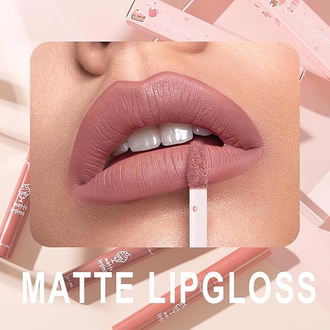 3Pcs Nude Matte Lipstick Set, Ice Cream Velvet Smooth Matte Lip Gloss, 24 Hour Natural Long Lasting & Nourishing Lip Glaze Non-stick Cup for Women Makeup (Set C)