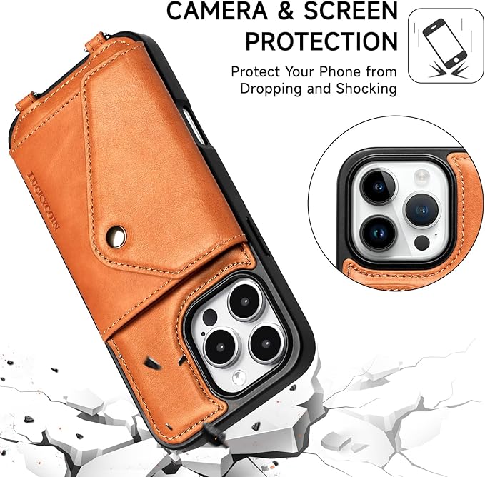 LUCKYCOIN Crossbody Wallet Phone Case for iPhone 16 Pro Max,100% Genuine Leather Wallet Phone Case with Expandable Flip Card Holder,Phone Purse for Women with Adjustable Removable Strap - Tan