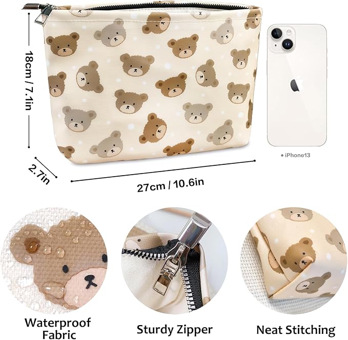 STARDW Cute Makeup Bag Aesthetic Cosmetic Bags for Women Girls, Travel Toiletry Bag Large Capacity Zipper Makeup Pouch, Purse Organizer Pouches,Canvas Lining (Baby Bear)