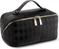 Abiudeng Travel Makeup Bag,Large Capacity Toiletry Bag Cosmetic Bags for Travel Essentials,Waterproof Portable Pouch Open Flat Makeup bag Organizer with Divider and Handle-black rhombus