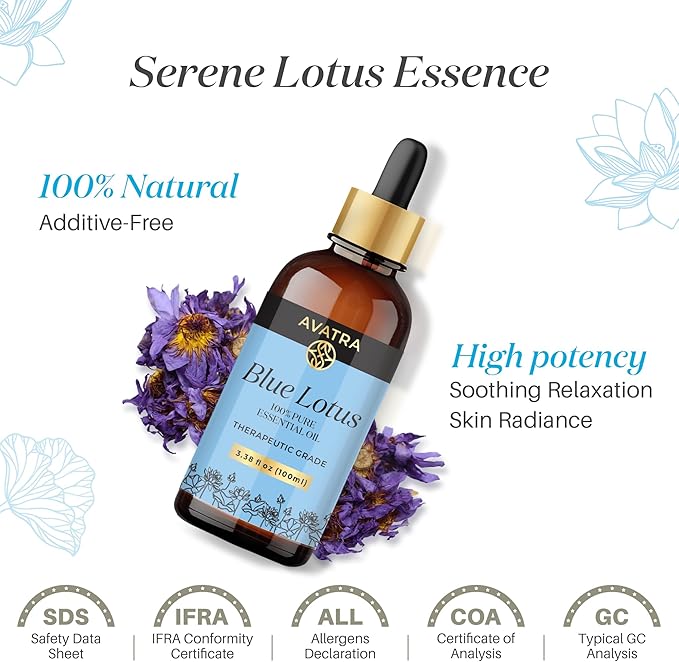Avatra Blue Lotus Essential Oil for Diffuser, Skin & Candles | Natural & Undiluted Essential Oil | Aromatherapy, Soaps, Candles | Therapeutic Grade Essential Oil- 3.38 Fl Oz