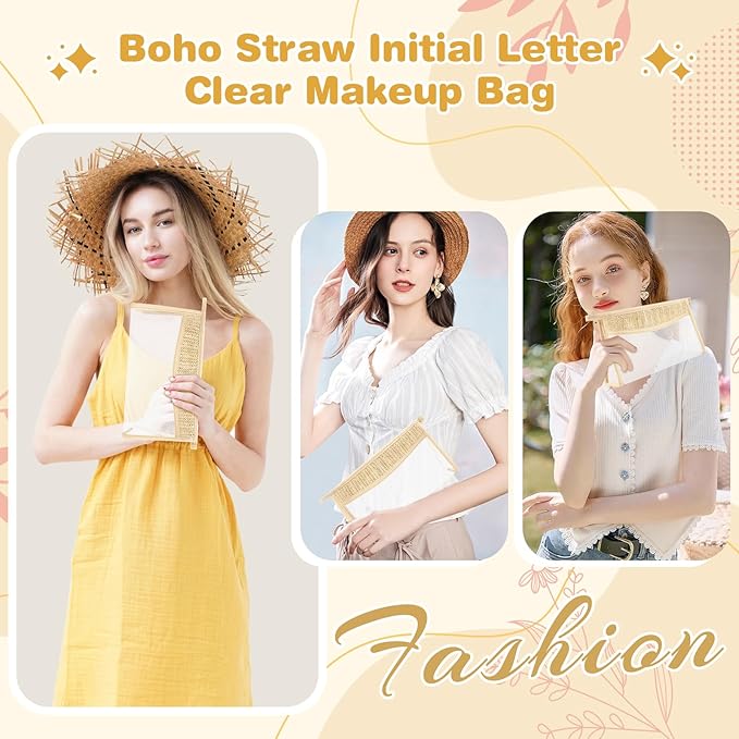 Personalized Initial Letter Bag Boho Straw Clear Makeup Bag,Small Cute Chenille Varsity Letter Pouch With Zipper,Beach Travel Toiletry,Portable Monogrammed Cosmetic Bag for Women Girls