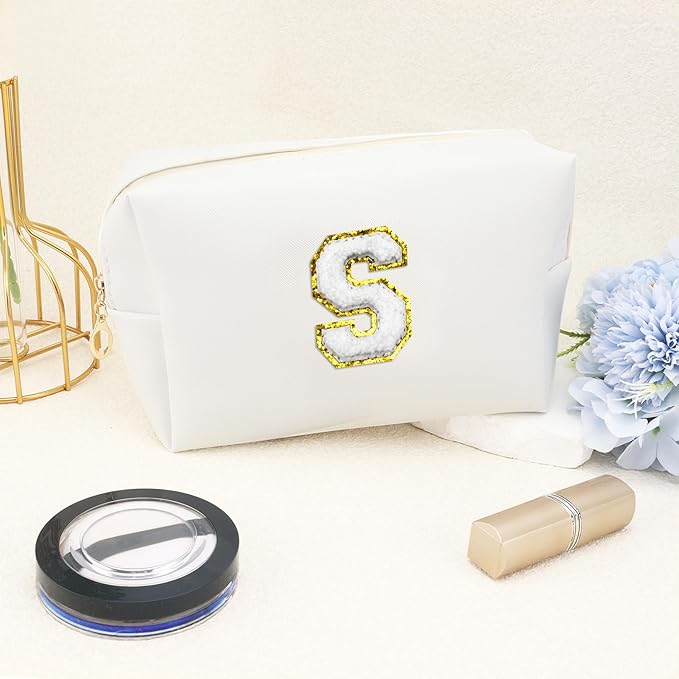 Gifts for Girls Initial Makeup Bag Personalized Cosmetic Bag with Zipper Cute Travel Toiletry Bags Waterproof PU Preppy Makeup Pouch Birthday Gift for Teen Girls Women(White S)