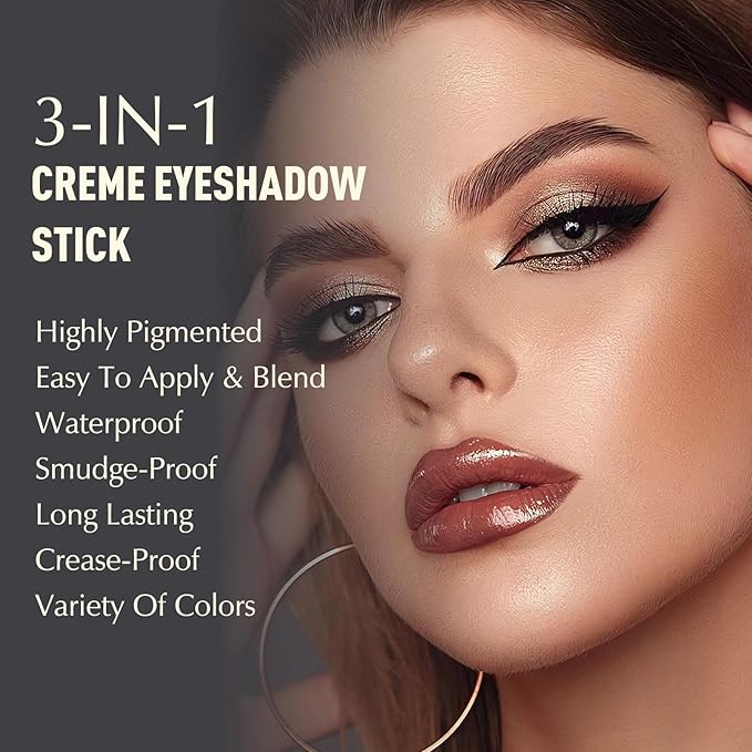 Eyeshadow Stick, Bronze Shimmer Cream Eyeshadow Long-Lasting Crease-Proof Glitter Eye Shadow Eyeliner Pencil High Pigmented Neutral Highlighter Makeup with Blending Brush & Built-in Sharpener