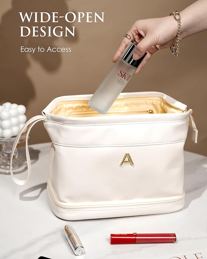 Travel Essentials for Friends Female Mom, Personalized Makeup Bag, Double Layer Cosmetic Bag with Makeup Brush Organizer, Waterproof, Large Capacity PU Leather Toiletry Bag Customized Gifts