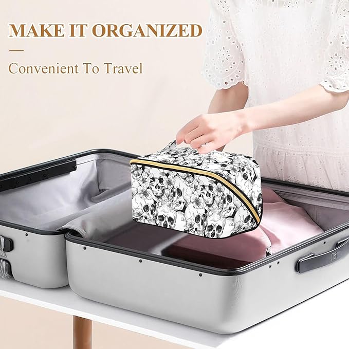 Makeup Organizer Bag, Skull and Flower Travel Makeup Bags Makeup Vanity Case Large Capacity Rhombus Cosmetic Toiletry Bag for Girl Women Ladies