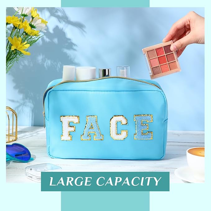 Remerry 4 PCS Nylon Cosmetic Bags Waterproof Spacious Travel Makeup Organizer for Women Chenille Letter Preppy Zipper Pouch Face Stuff Skin Hair Organizer Gift(Blue Green Colors)