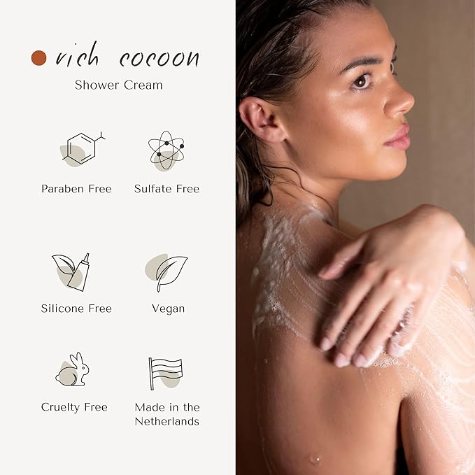 Rich Cocoon Shower Cream | Dutch Made & Formulated Moisturizing Body Wash for All Skin Types | Cozy Scent of Warm Wood, White Amber & Jasmine 200 ML
