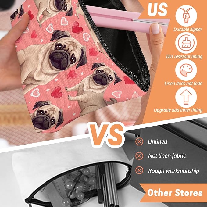 Makeup Bag Travel Cosmetic Bags Small Makeup Case Waterproof Zipper Pouch for Women Girls 7X9inches - Adorable Pug Pattern with Heart Elements