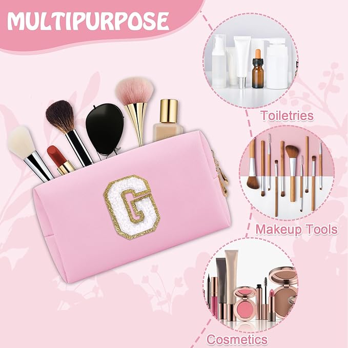Personalized Initial Preppy Makeup Bag Organizer, Small Travel Cute Pink Cosmetic Bag Toiletry Zipper Pouch, Waterproof PU Leather Monogram Makeup Case Graduation Gift for Teacher Friends(Letter G)