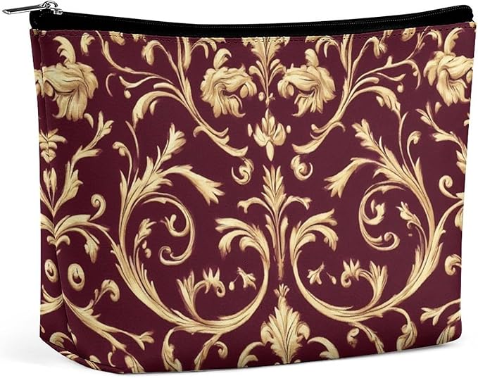 Fashion Zipper Cosmetic Case, Portable Makeup Case, Personality Toiletry Bag, Flower Maroon Gold Floral Classy Burgundy Antique Travel Cosmetic Toiletry Bag