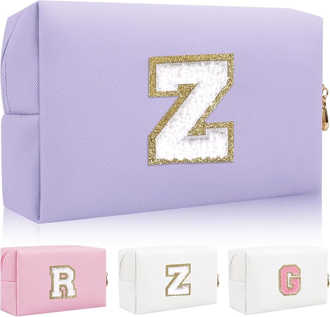 Personalized Initial Letter Patch Makeup Bag, Preppy Small Chenille Cosmetic Bag with Zipper, PU Leather Waterproof Travel Toiletry Bag Monogram Make Up Pouch for Women Girls