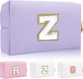Personalized Initial Letter Patch Makeup Bag, Preppy Small Chenille Cosmetic Bag with Zipper, PU Leather Waterproof Travel Toiletry Bag Monogram Make Up Pouch for Women Girls