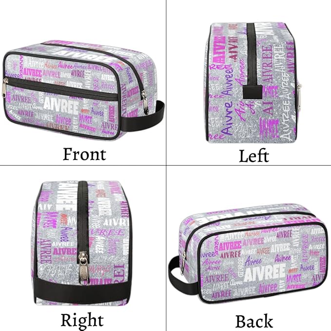 Personalized Travel Cosmetic Bag Waterproof Makeup Bags, Custom Name Organizer Case Toiletries Container Bag Silver Glitters