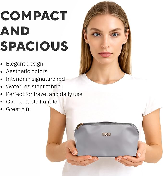 NAORI Travel Makeup Bag for Women | Large Luxury Cosmetic Organizer with Handle & Inner Pockets | Waterproof Leather Toiletry Bag | Makeup Case for Home, Travel & Gifting (Soft Grey)