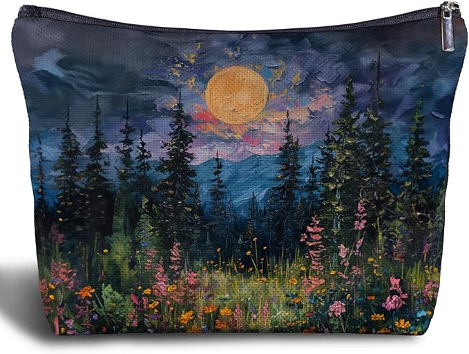 Watercolor Full Moon Above the Wildflowers Makeup bag, Cottagecore Accessories Cosmetic Bag, Cottagecore Gifts, Mystical Under Cold Moons Scenic Cosmetic Bag Toiletry Bag