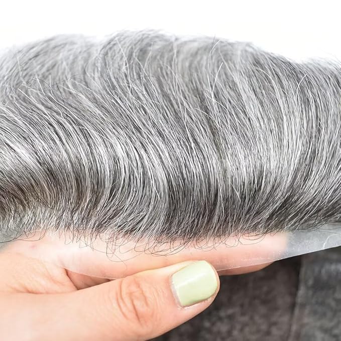FACE MIRACLE Toupee for Men French Lace Hairpiece Human Hair Replacement System Skin PU Mens Toupee V-Looped Front Hair Piece 6X9#1B60 Off Black with 60% Gray-80% Light Density