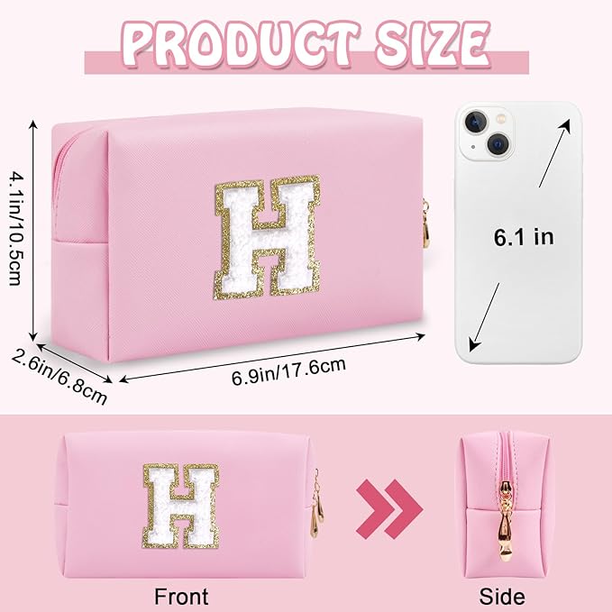 Personalized Chenille Letter Preppy Makeup Bag, Small Pink Travel Cosmetic Bag Initial Toiletry Zipper Pouch Monogram Makeup Storage, Waterproof PU Make Up Case Travel Essentials for Women(Letter H)