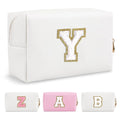 Small Personalized Initial A-Z Preppy Patch Makeup Bag,White PU Chenille Letter Travel Cosmetic Pouch with Zipper,Cute Toiletry Bag,Gift Ideal for Teen Girls Women Teacher Bridesmaid,Letter Y