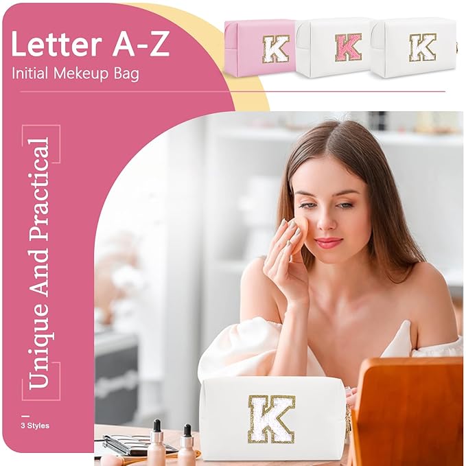 Small Personalized Initial A-Z Preppy Patch Makeup Bag,White PU Chenille Letter Travel Cosmetic Pouch with Zipper,Cute Toiletry Bag,Gift Ideal for Teen Girls Women Teacher Bridesmaid,Letter K