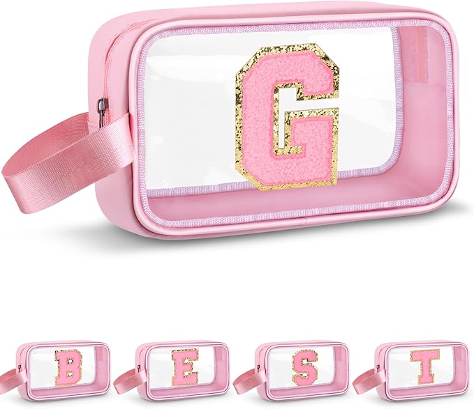 Initial Makeup Bag,Letter G Cute Clear Monogrammed Cosmetic Travel Bag for Womens Girls,Personalized Pink Aesthetic Traveling Make Up Organizer Bag for Beach,Waterproof Toiletry Bag