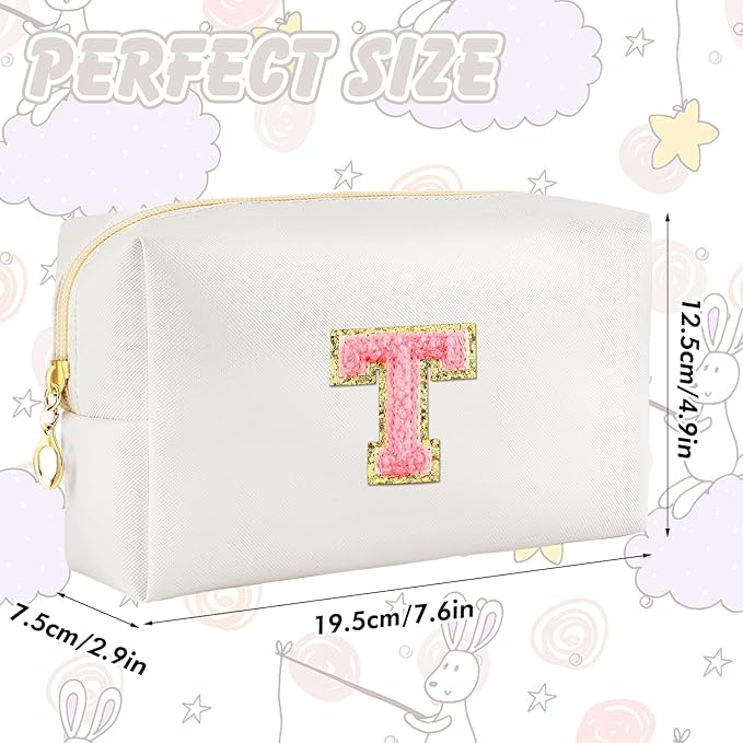 Initial Makeup Bag Personalized Preppy Travel Small Cosmetic Bag Cute PU White Chenille Letter Makeup Pouch for Purse Waterproof Zippered Toiletry Organizer for Women Girls Kids Friends (T)