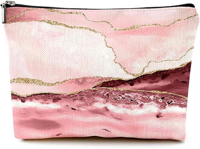 Cute Makeup Bag for Purse Canvas Waterproof Funny Cosmetic Bags for Women Zipper Travel Toiletry Pouch-Pink Marble Makeup Bags