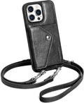 LUCKYCOIN Crossbody Wallet Phone Case for iPhone 15 Pro Max,100% Genuine Leather Wallet Phone Case with Expandable Flip Card Holder,Phone Purse for Women with Adjustable Removable Strap - Black