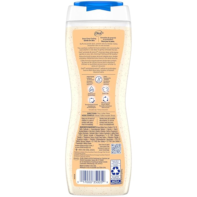 Dial Body Wash, Exfoliate & Restore Cocoa Butter & Orange Extract, 32 Fl Oz, With Vitamin E, Gentle, Leaves Skin Feeling Nourished, Dermatologist-Tested, No Parabens & Sulfates