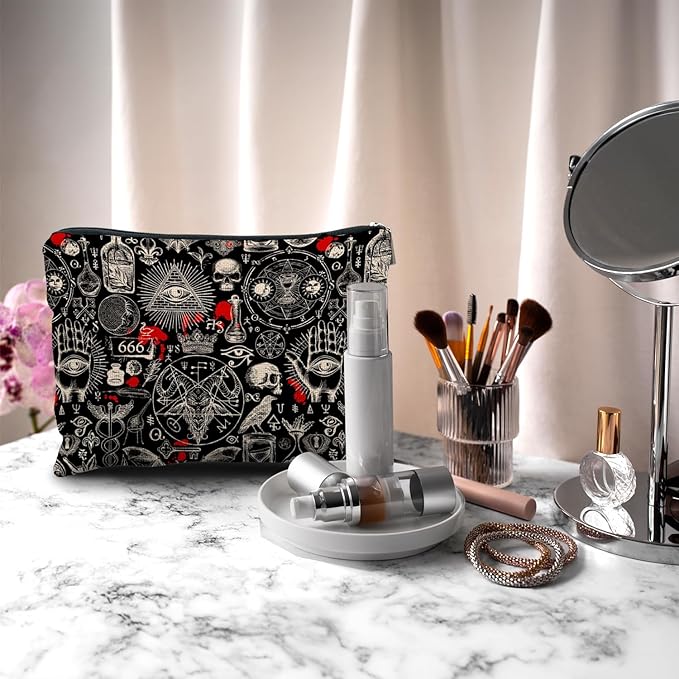Nogrit Gothic Black Makeup Bag - Retro Black Small Cosmetic Makeup Bag for Purse, Gothic Gifts for Women