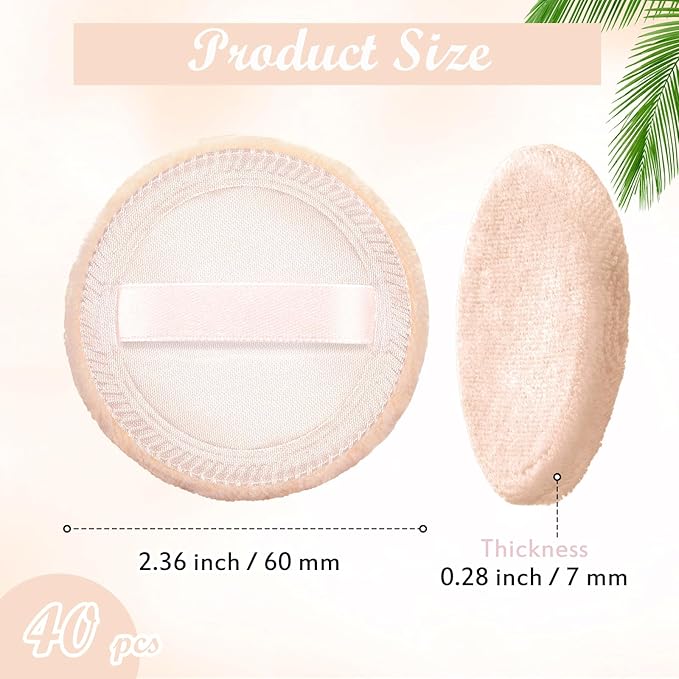 40 Pcs Cotton Powder Puffs Bulk Washable, 2.36 Inch Round Makeup Dusting Powder Puff with Ribbon for Face Body Cosmetic, Beige