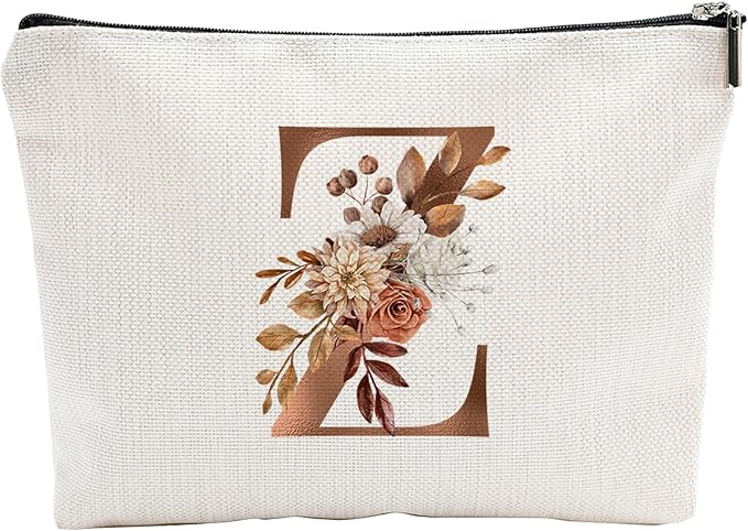 A-Z Boho Personalized Cosmetic Bag-Floral Cotton Letter Makeup Bag With Zipper-Artistic Cosmetic Bag For Travel-Bride,Birthday Gift For Women Daughter Friends-Women Makeup Organizer-A26