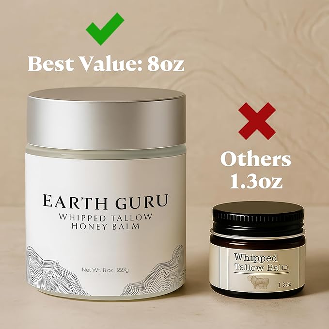 Earth Guru XL 8 OZ Whipped Beef Tallow for Skin,100% Natural Beef Tallow and Honey Balm, Face Moisturizer & Body Lotion Cream, Grass-Fed & Finished, Sebo De Res Para La Cara, Organic Olive Oil, Manuka