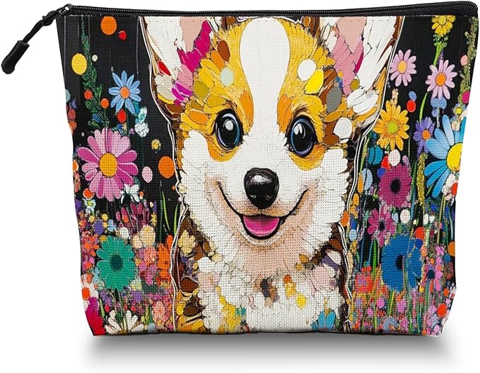 Cosmetic Bags Travel Makeup Toilet Case Waterproof Pouch for Women Girls 6.7X9.45inches - Cute Corgi Surrounded By Brightly Colored Flowers