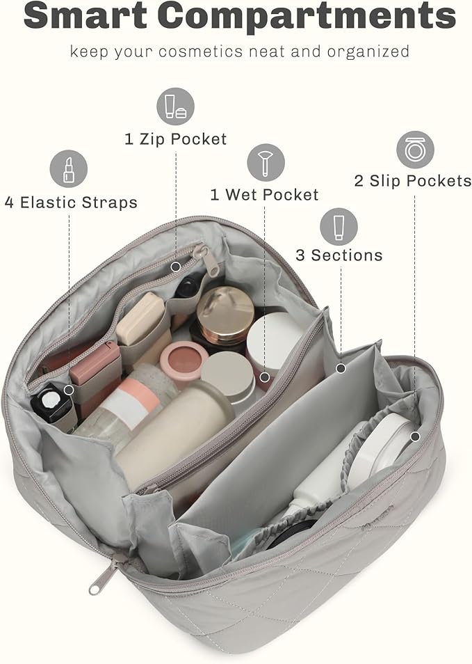 Hynes Eagle Travel Makeup Bag for Women Puffy Cosmetic Organizer Pouch Open Flat Toiletry Bag for Toiletries, Brushes Grey