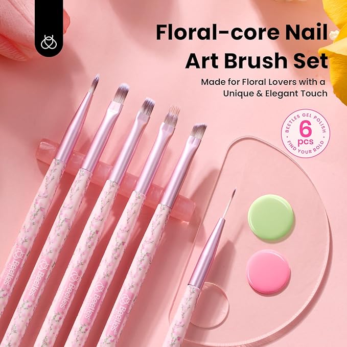 Beetles Gel Polish Nail Art Brushes Set - 6 Pcs Fingernail Art Design Pen, Floral Pattern Handle, Gradient Bristles Nail Brush Set DIY with Palette Dotting Manicure Tool Kit