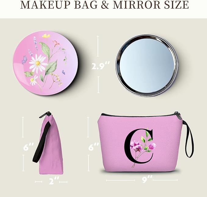 Birthday Thank You Appreciation Monogrammed Gifts for Mom Aunt Teacher Sister Friend Coworkers Bride Bridesmaid Makeup Cosmetic Bag with Mirror Mothers Day Christmas Graduation C