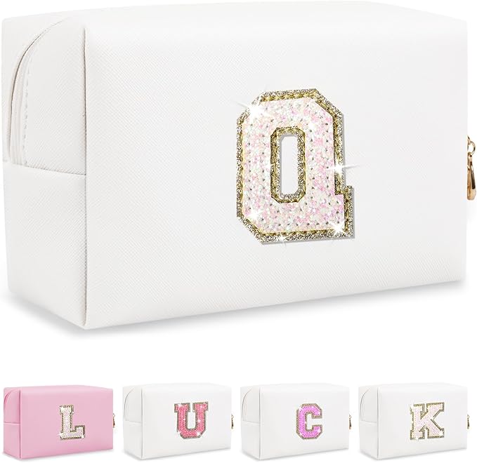 Personalized Initial Makeup Bag, Small Preppy Glitter Letter Cosmetic Pouch PU Waterproof Zipper Travel Toiletry Bag, Unique Letter Patch Makeup Organizer Gift for Women Teen Girls