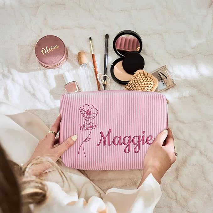 Personalized Seersucker Makeup Bag with Embroidered Name&Birth Flower,Custom Small Travel Cosmetic Bag Toiletry Bag Wedding Gifts for Bridesmaid Bride (Makeup Bag with Birth Flower)