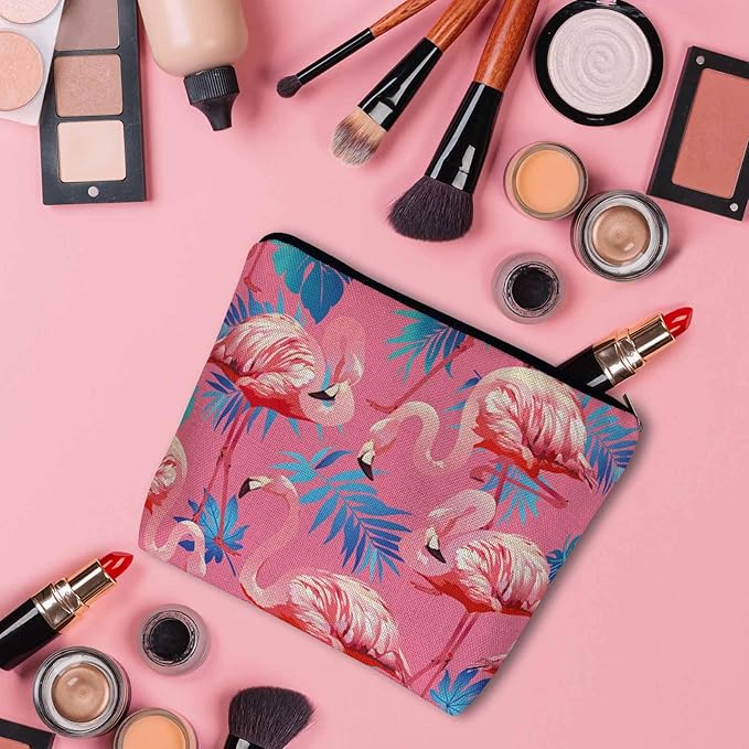 Flamingo Makeup Bag For Women, Adorable Cosmetic Pouch With Tropical Leaves Palms Pattern, Pink Zipper Travel Toiletry Organizer For Gym and Bathroom