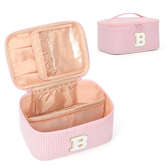OCHEAL Makeup Bag for Women, Monogram Cosmetic Bag with Brush Holder, Pink Travel Makeup Case Beauty Toiletry Bag Organizer Personalized Gifts for Girls Bridesmaid, Sister, Wife, Friends Initial B