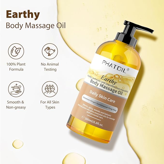 PHATOIL Sandalwood Body Oil for Men with Ginger, YlangYlang, Cinnamon, 260ml Large Bottle Body Oil for Skin, 8.8 fl.oz Premium Moisturizer Oil for After Shower, Great for Skin and Body Care