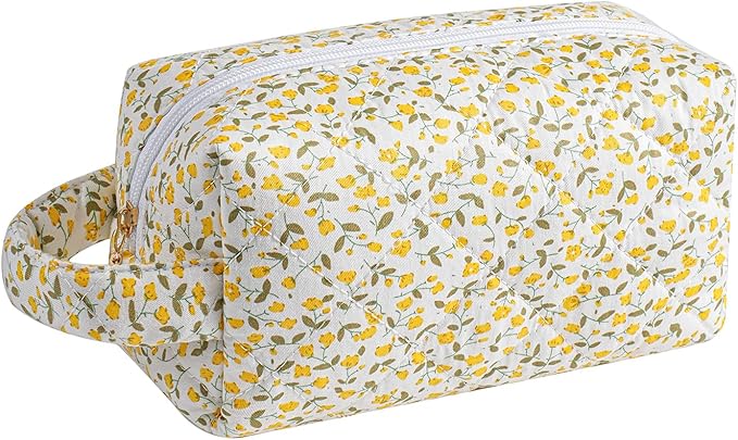 Makeup Bag Travel Cosmetic Bag for Women, Zipper Make Up Pouch, Floral Flowers Toiletry Organizer Makeup with Handle, Cosmetic Travel Cloth Bag (Yellow Floral)