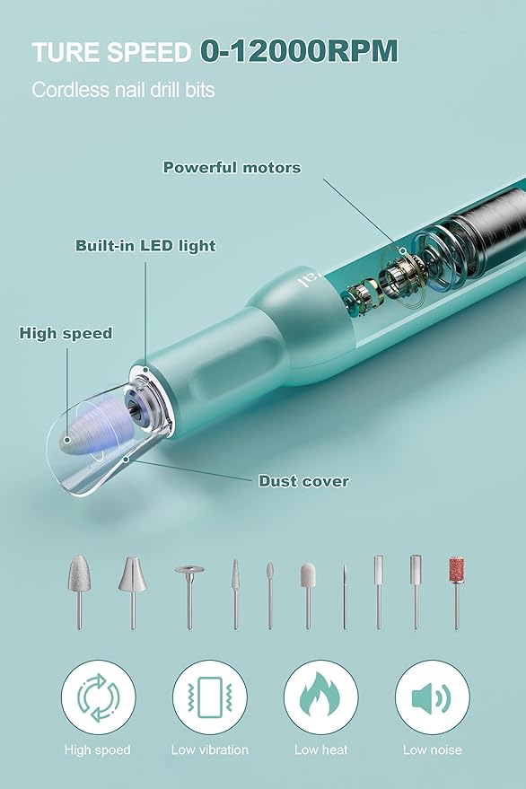 Cordless Electric Nail Drill Machine Professional for Acrylic Gel Nails, E-File for Manicure and Pedicure for Foot Portable Manicure Tool with Storage Bag