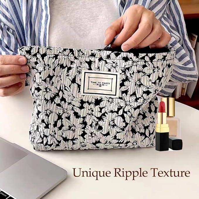 STARDW Aesthetic Floral Makeup Bag Cute Small Cosmetic Bags for Women Girls, Travel Toiletry Bag Large Capacity Zipper Makeup Pouch, Purse Organizer Pouches (White Flowers)